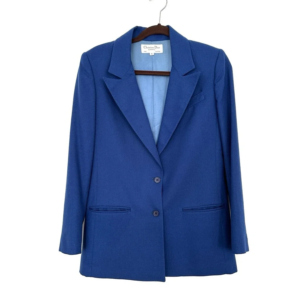 Vintage Christian Dior Wool Slouchy Blazer 8 Cobalt Blue Statement Bold Colorful